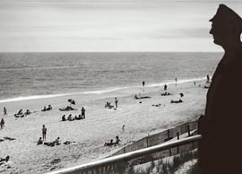 Life Guard watching over Fire Island Beach, historic B/W photograph