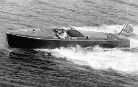 Antique power boat racing across the Long Island Sound, historical B/W photo digitally restored and printed on museum quality paper