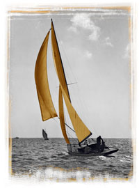 Long Island regatta, sailing under full sail, old black and white photograph digitally restored, colorized and printed on museum quality paper