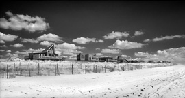 Black and white fine art infrared image of the Fire Islang Pines community beach summer rentals