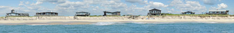 Ocean view of the summer cottages on Fire Island. Panoramic print taken with digital camera.